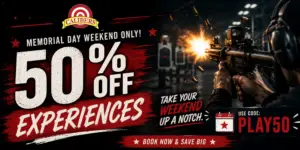 Promotional banner for Memorial Day: 60% off experiences, with a shooter firing a rifle and ammunition in flight.