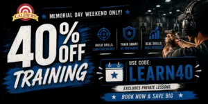 Promotional banner offering 40% off training for Memorial Day weekend, with Calibers logo and a shooter aiming at targets on the right.
