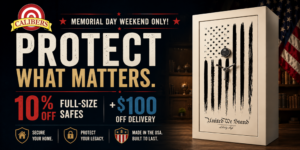 Promotional banner: bold 'PROTECT WHAT MATTERS' with patriotic design and a safe on the right for Memorial Day sale visuals.